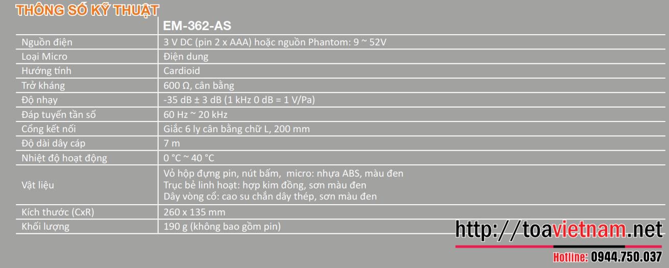 Thông số kỹ thuật EM-362-AS