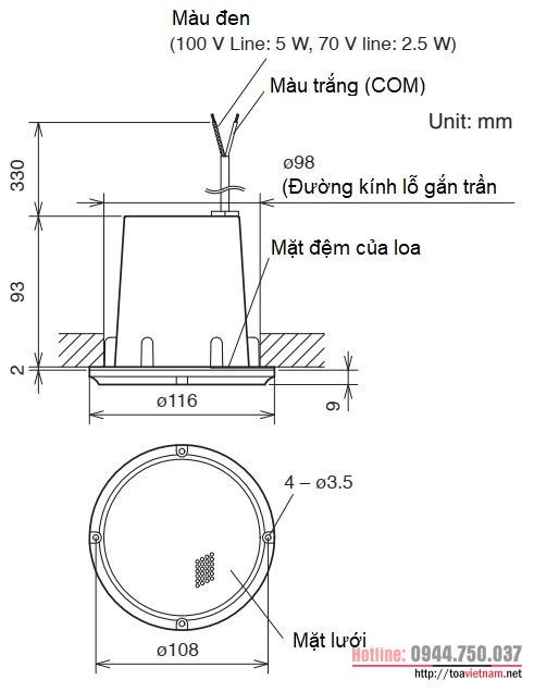 Hướng dẫn lắp đặt, đấu nối loa phòng sạch, phòng y tế PC-5CL