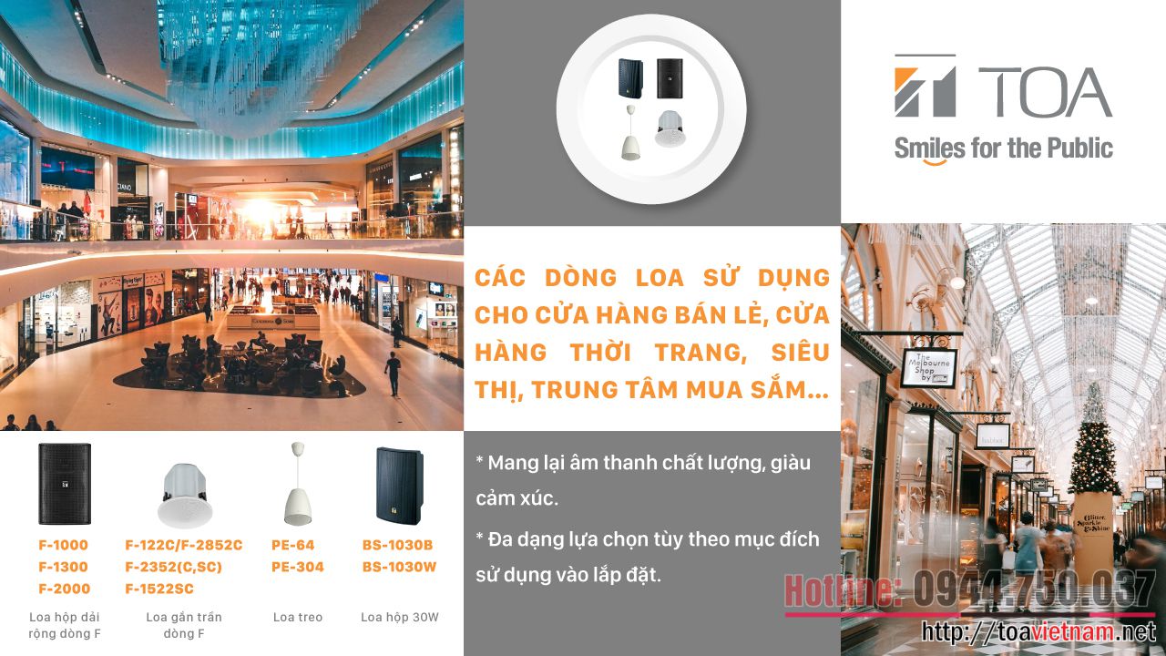 Các dòng loa TOA phổ biến cửa hàng bán lẻ, thời trang, siêu thị, trung tâm mua sắm